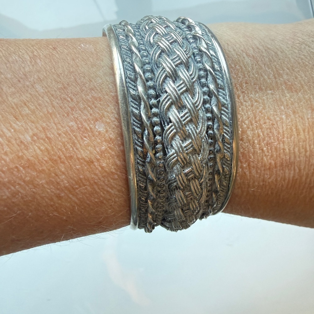 Braided Silvertone Wide Cuff Bracelet Tribal Ethnic Boho Statement Vintage Tibet - Picture 10 of 13